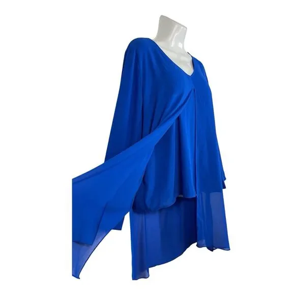 Chico's 2 Long Split Front Tunic Top Large Sheer Long Sleeve Royal Blue Layered - Picture 2 of 10